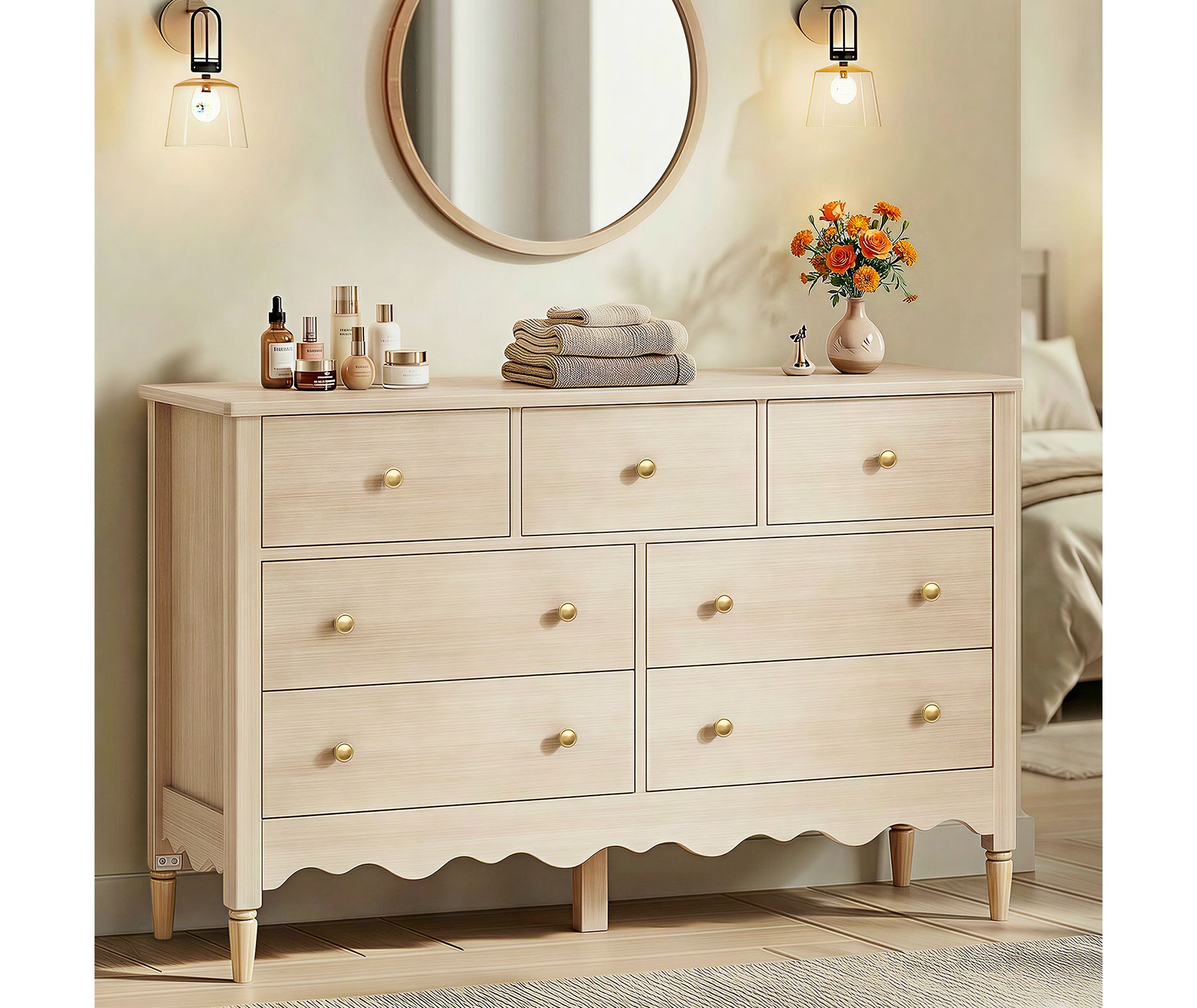 Besiost 47" Closet Storage Cabinet with 7 Drawers, Wooden Dresser with Support Leg