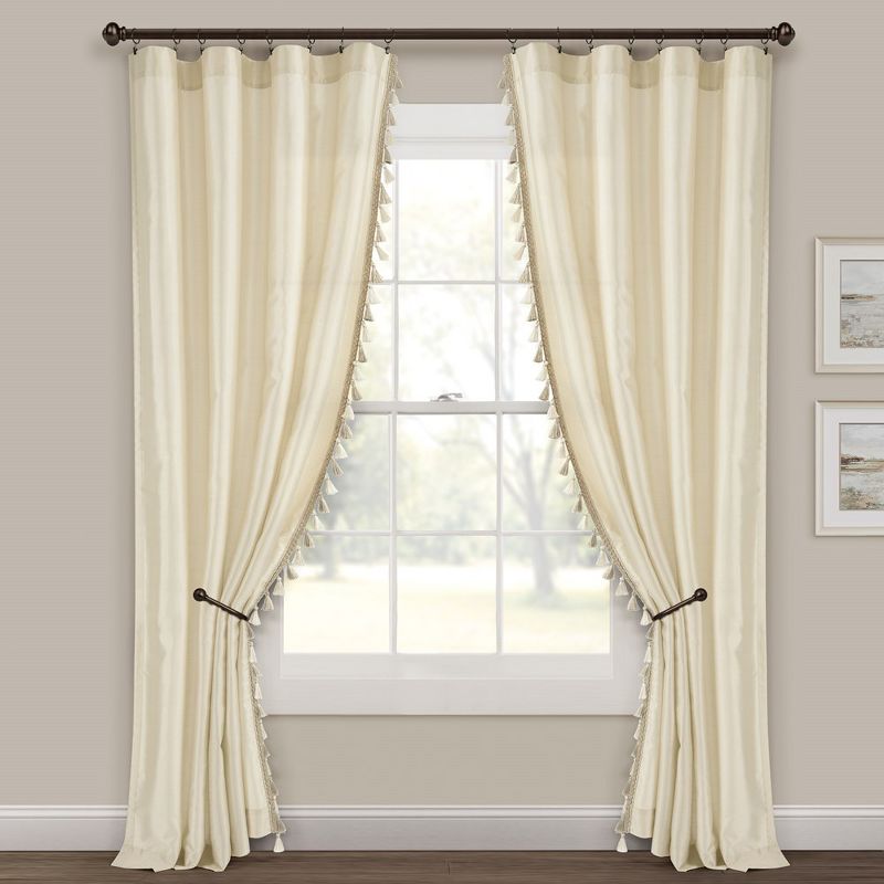 Luxury Regency Faux Silk Two Tone Tassel Window Curtain Panels Wheat 52x84 Set, 2 of 6