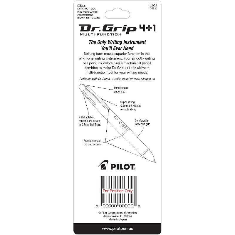 Pilot Dr. Grip 4 + 1 Multi-Function Pen/Pencil 4 Assorted Inks Black Barrel 36220, 4 of 5