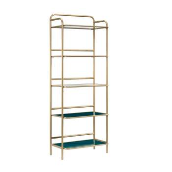 63" Coral Cape Bookcase with Metal and Glass Satin Gold - Sauder: Teal Tinted Shelves, Mid-Century Modern Design
