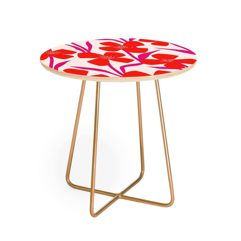 Photos - Coffee Table Maritza Lisa Floral Pattern Round Side Table Red/Pink/Gold - Deny Designs