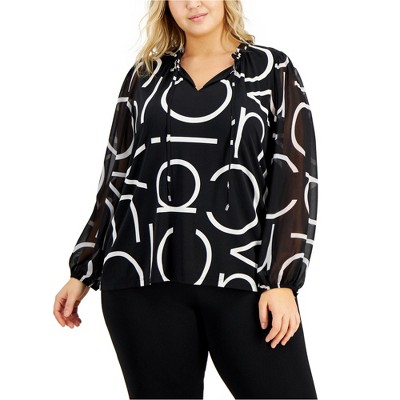 Calvin Klein Womens Printed Mixed Media Knit Blouse, Black, 1X