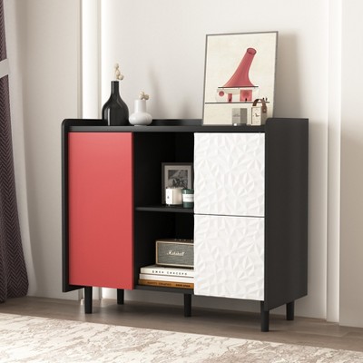 VYNXARIA Modern Black Sideboard Buffet Cabinet with Red Doors and Open Storage