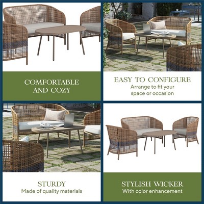 Ava French Blue and Brown Wicker 4-Piece Conversation Set