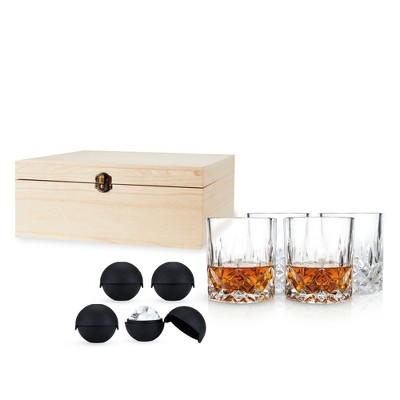 Admiral Crystal Whiskey Glass Set with Silicone Ice Sphere Molds in Wooden Box