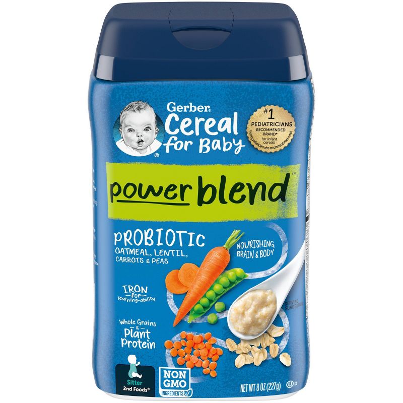 Gerber PowerBlend Probiotic Cereal Oatmeal Lentil Carrot Pea Baby Cereal - 8oz, 1 of 10