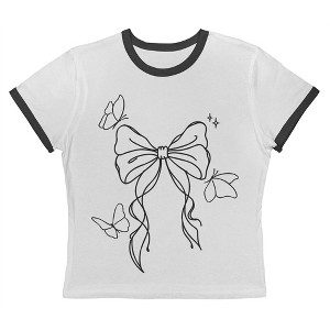 Rerun Island Women's Outline Bow And Butterflies Short Sleeve Graphic Cotton Retro Vintage Ranger Baby Tee - White Caviar M - 1 of 4