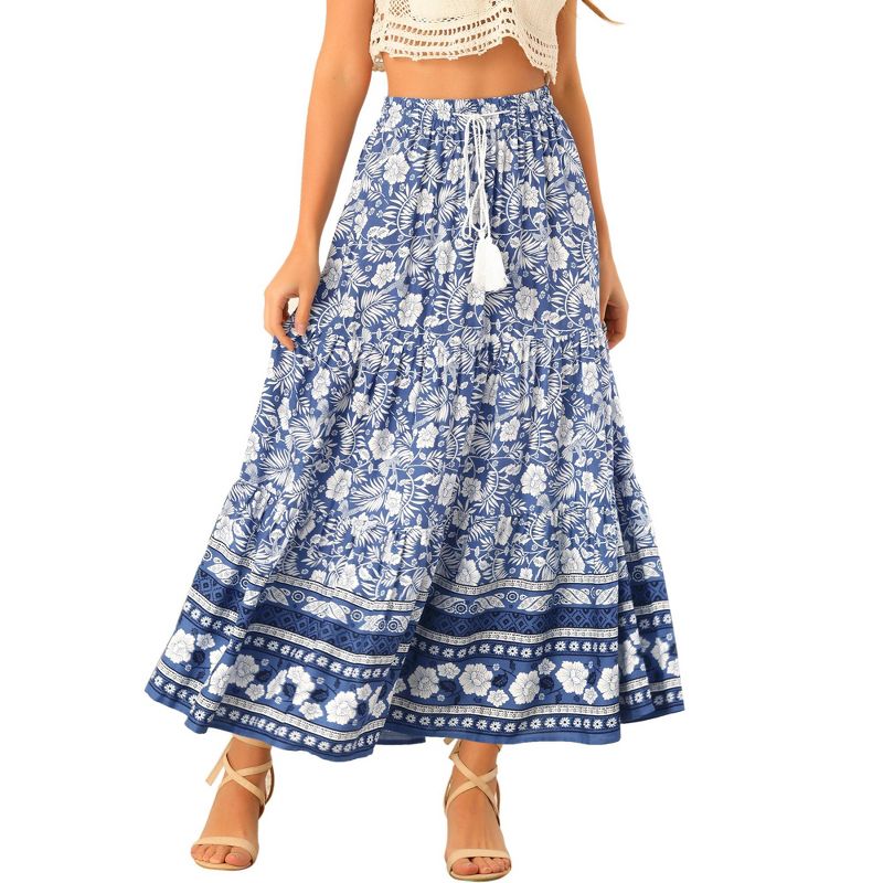 Allegra K Women's Summer Floral Boho Tassels Elastic Waist Casual Maxi Skirts, 1 of 7