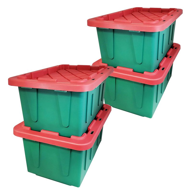 HOMZ 4415MXDC.02 Durabilt 15 Gallon Heavy Duty Impact Resistant Stackable Holiday Storage Tote with Snap-Fit Lid, Green/Red (4 Pack), 1 of 7