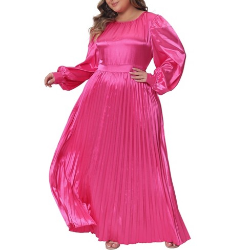 Agnes Orinda Women s Plus Size Lantern Long Sleeve Flowy Swing Pleated Party Maxi Empire Waist Dresses Hot Pink 3x Target