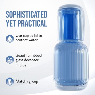 Blue Ribbed Glass Bedside Water Carafe with Tumbler Lid