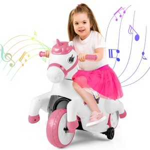 Costway 12V Kids Ride on Unicorn Toy w/ Training Wheels Music One-button Start Horse Toy - 1 of 4