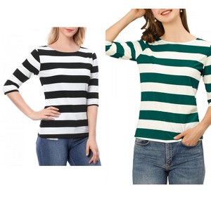 Allegra K Women's Casual Basic Elbow Sleeves Boat Neck Slim Fit T-Shirts 2 Packs - 1 of 4