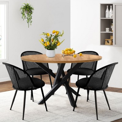 5-Piece Oak Grain Dining Table Set for 4, Round DIning Table with 4 Mesh Rattan Backrest Dining Chair, Dining Room Furniture - Maison Boucle