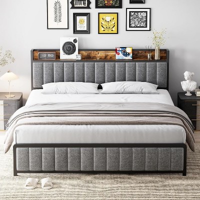 coucheta Bed Frame with Storage Headboard, Upholstered Platform Bed with USB Ports & Outlets, Noise Free, No Box Spring Needed, Easy Assembly