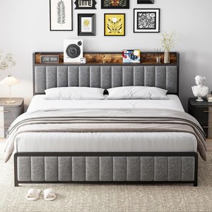 coucheta Bed Frame with Storage Headboard, Upholstered Platform Bed with USB Ports & Outlets, Noise Free, No Box Spring Needed, Easy Assembly - 1 of 4