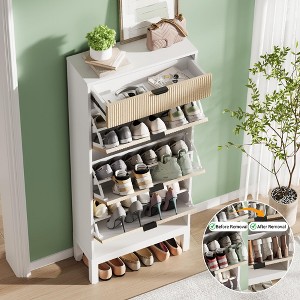 Shoe Storage Cabinet with 3 Flip-Up Doors & Bonus Drawer – Slim Wood and Metal Shoe Organizer for Entryway, Hallway, Apartments - 1 of 4