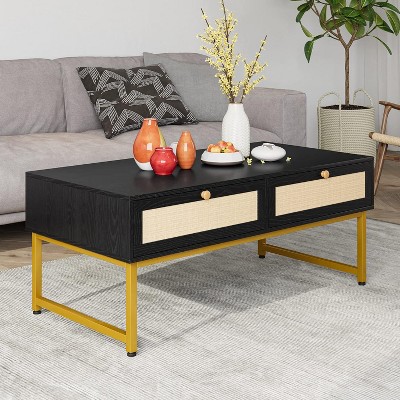 Rattan Coffee Table with 2 Drawer 45.6'' Wood Coffee Table with Storage Boho Dining Table with Rattan Drawer Accent Center Sofa Table