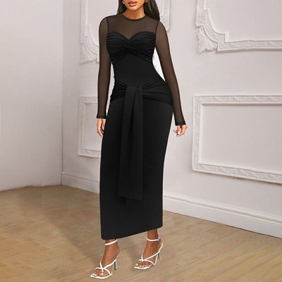 Coolmee Women Elegant Smocked Twisted Tie Mesh Stitching See-Through Round Neck Long Sleeve Wrap Maxi Dress