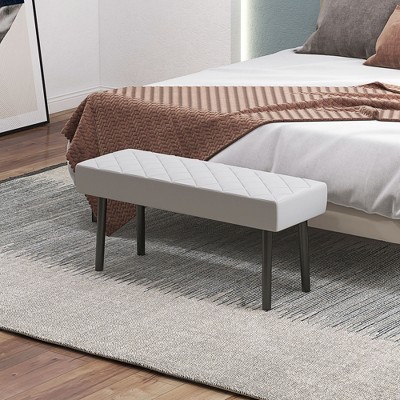 Gray Faux Leather Upholstered Ottoman Bench with Metal Legs