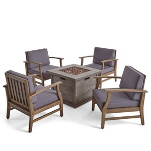 Christopher Knight Home Havana Outdoor Acacia Wood 5 Piece Club Chair and Fire Pit Set with Cushions - 1 of 4