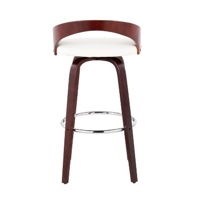 Cherry Wood and White Faux Leather Swivel Bar Stools, Set of 2