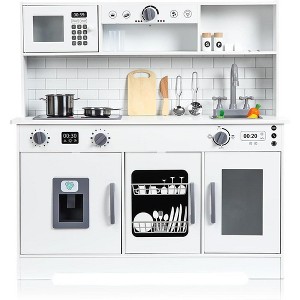 Kids Kitchen Playset, Wooden Play Kitchen, Wooden Chef Pretend Set with 20 PCS Accessories, Realistic Lights & Sounds, Ice Maker, White - 1 of 4