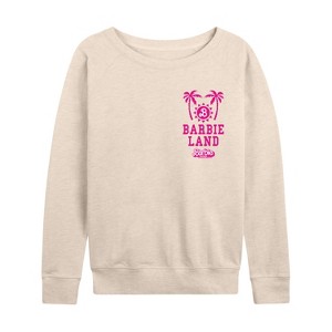Women's - Barbie - Barbie Land Palm Trees & Sun Lightweight French Terry Wide Neck Long Sleeve Shirt - 1 of 4