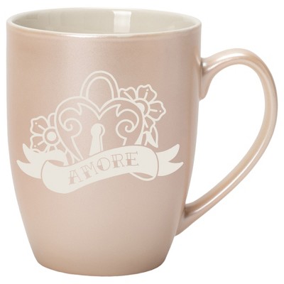 100 North Floral Heart 10 Ounce White and Precious Pearl Metallic Finish, Comfortably Fits Your Hands, New Bone China Coffee Tea Cup Mug, Amore
