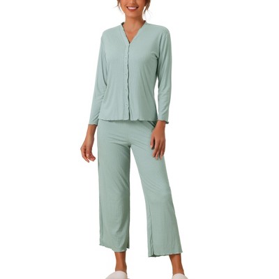 cheibear Women's Long Sleeve Button Down Top with Pants Pajama Sets 2 Pcs