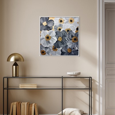 Gold and Gray Floral Canvas Print with White Frame, 25" x 25"