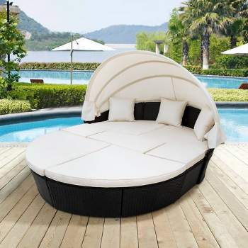 6pc Wicker Round Outdoor Sectional Set with Cushions - Black/Beige - GODEER