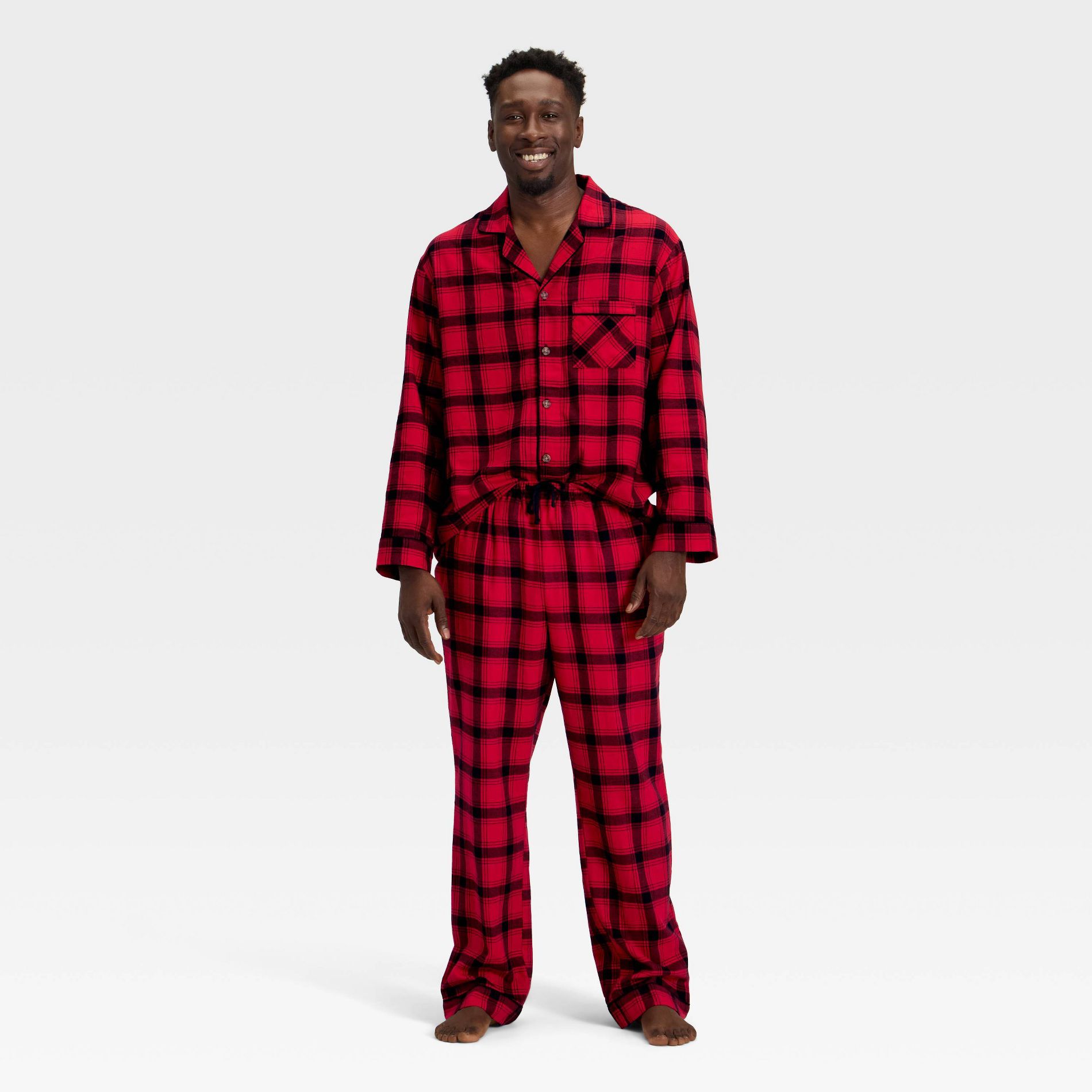 Men's Plaid Flannel Long Sleeve Shirt and Pants Holiday Matching Family Pajama Set - Wondershop™ Red/Black