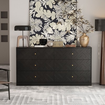 FUFU&GAGA Art - Deco Black Dresser: 6 Drawers with Geometric Patterns, Elevate Your Living Room