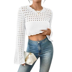 Coolmee Women's Crochet Crop Top Sexy Long Sleeve See Through Hollow Out Short Knitwear - 1 of 4