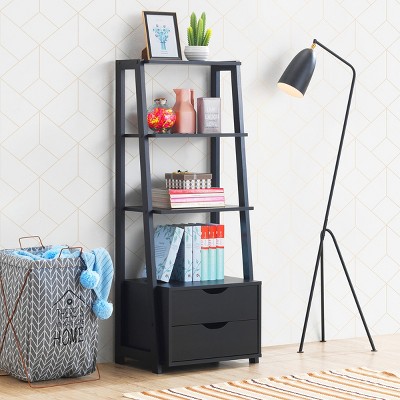 Black 4-Tier Ladder Bookshelf with 2 Drawers