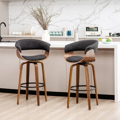 Mid-Century Modern Dark Blue Fabric Walnut Swivel Barstools, Set of 2