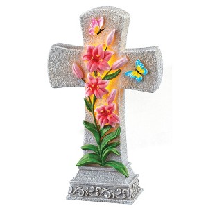 Collections Etc Solar Powered Memorial Cross with Lilies Garden Statue - 1 of 2