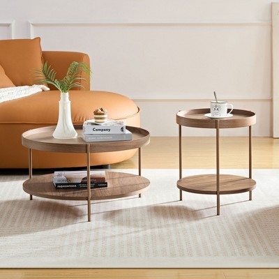 FONTOI 2-tier Round Coffee Table Set of 2, Nesting Coffee Tables, Side Tables for Living Room Bedroom Office Balcony, Brown, 27.16"*14.96"*27.16"