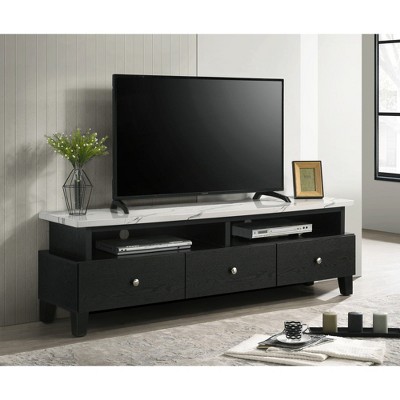 Chic Crate-Modern White Media Console – Faux Marble TV Stand w/ Silver-tone Legs, Sleek Living Room Furniture (White)