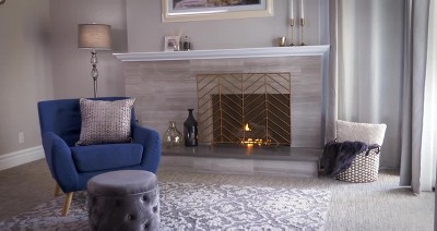 Satin Black Iron Mesh Chevron Fireplace Screen