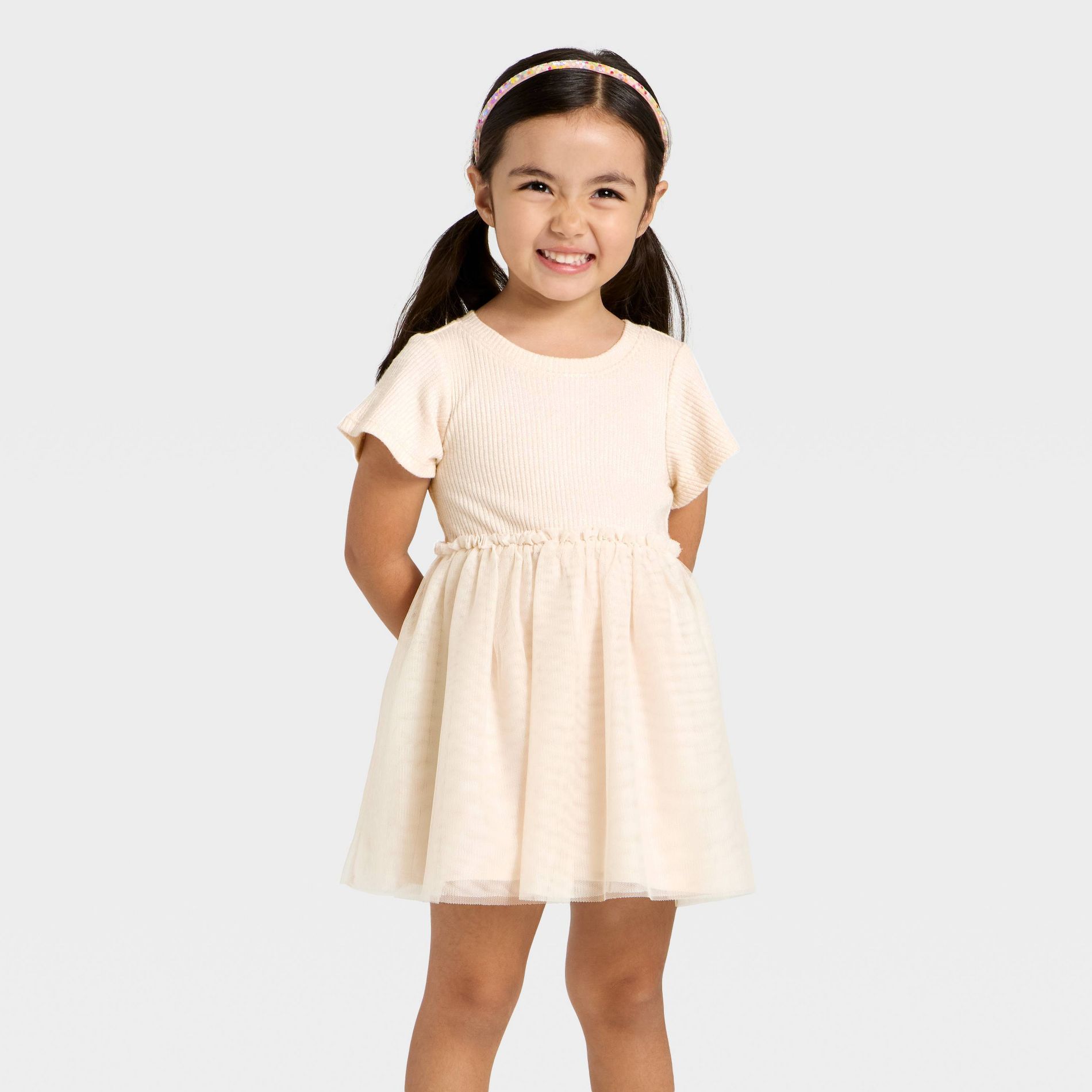Toddler Girls' Short Sleeve Sparkle Ribbed Tulle Dress - Cat & Jack™