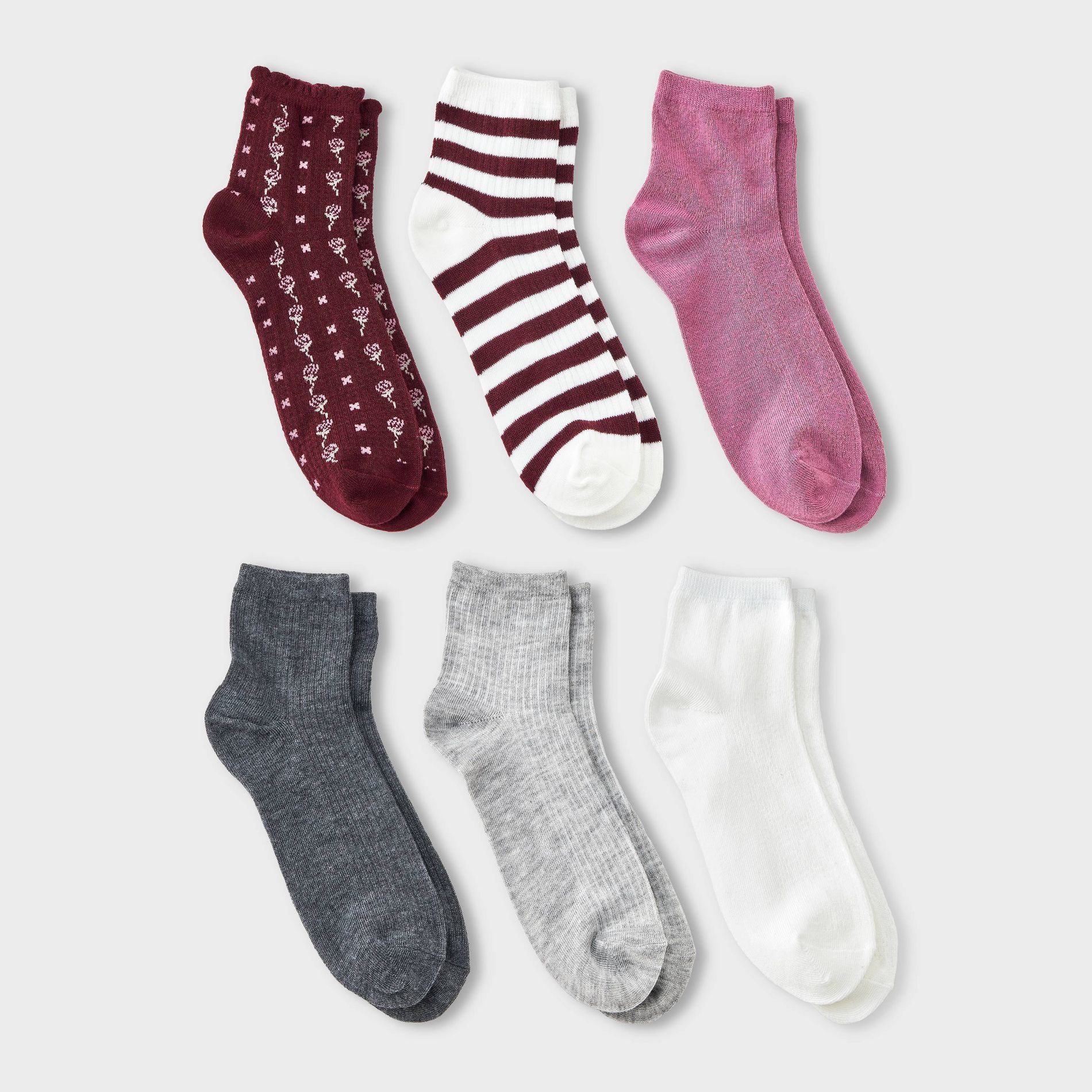 Girls' 6pk Pointelle Texture Scallop Edge Ankle Socks - art class™ White/Pink/Gray