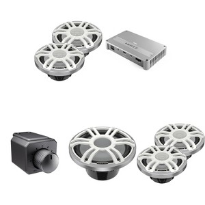 Hertz 2 Pairs of HMX 6.5 S-LD-SW Marine Coax and 1 HMS 12 S2-LD-SW 12" Marine Subwoofer with Venezia V5 5-Channel Marine Amplifier remote knob - 1 of 4
