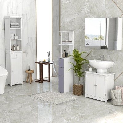 Slim White Free-Standing Bathroom Linen Tower with Storage Shelves and Drawer