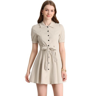 INSPIRE CHIC Women's Puff Sleeve Button Down A-line Belted Shirt Dress