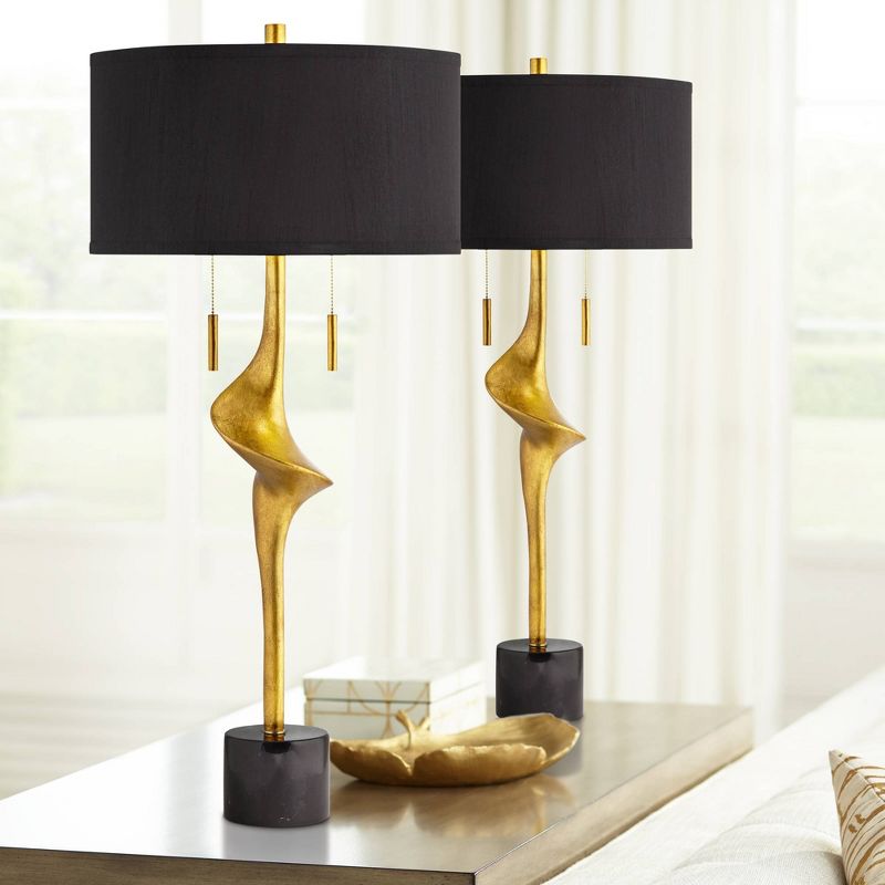 Possini Euro Design Athena 35 1/2" Tall Large Modern Glam End Table Lamps Set of 2 Pull Chain Sculptural Gold Leaf Living Room Bedroom Bedside, 2 of 10