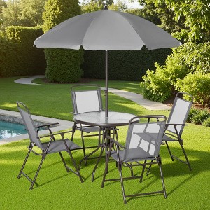 6-Piece Outdoor Patio Dining Set with Umbrella, 4 Folding Dining Chairs, and Round Glass Table - 1 of 4