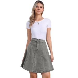 INSPIRE CHIC Women's High Waist A-Line Flared Pleated Above Knee Denim Skirt - 1 of 4