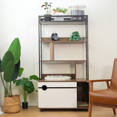 Litter Box Enclosure With Scratching Posts, Storage Shelf, Hidden Litter Box With Observation Window, Cat Washroom Furniture, White+Vintage